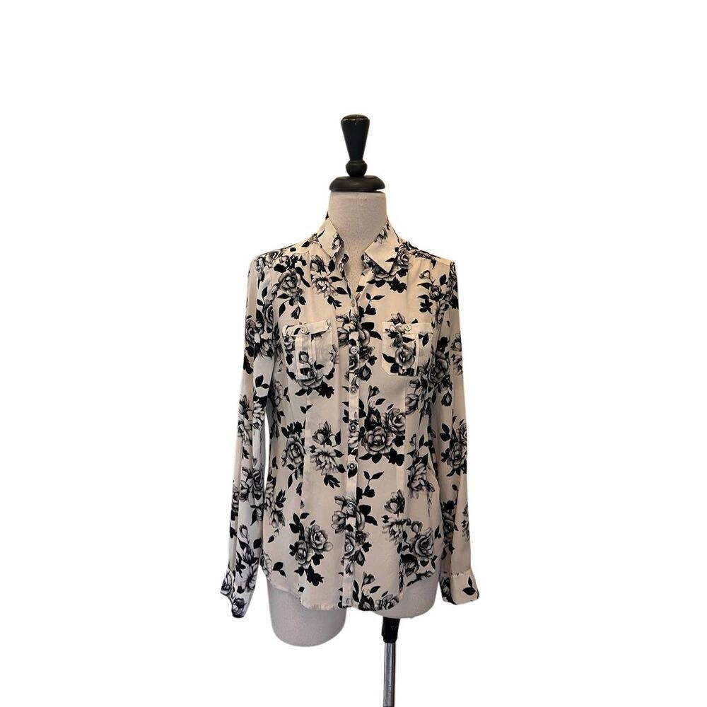 White House Black Market Women's Silk Floral Button Up Blouse Black White Size 6
